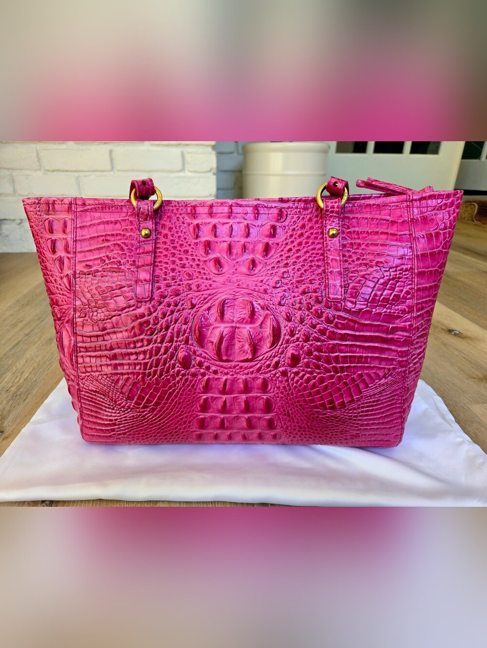 Brahmin Pink Croc-Embossed Tote Bag - Picture 3 of 16